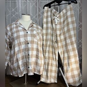 Old Navy NWT 3X Beige & White Plaid Pajama Set elastic drawstring waist